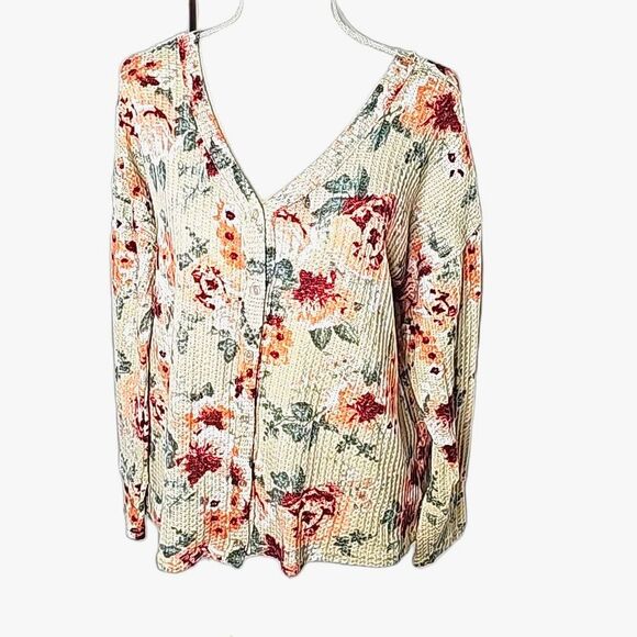 Top Waffle Knit with Lace  Floral Multicolor Button Front Long Sleeve  Sz XL - Picture 1 of 5